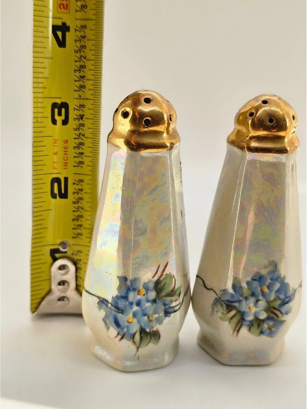 Vintage Lusterware Salt & Pepper Shaker | Hand-Painted Blue Forget-Me-Not Floral